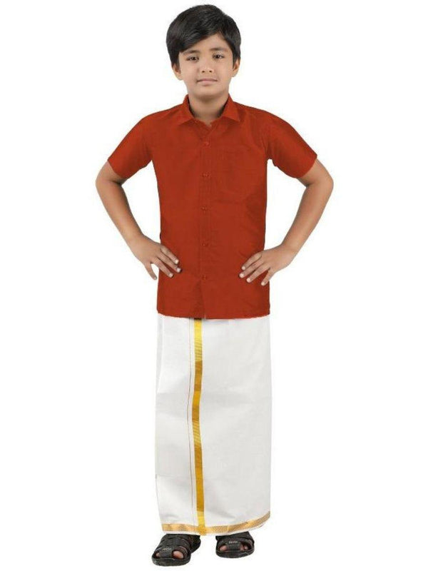 Boys Silk Cotton Shirt with Dhoti Set Brick -  Ramraj Cotton