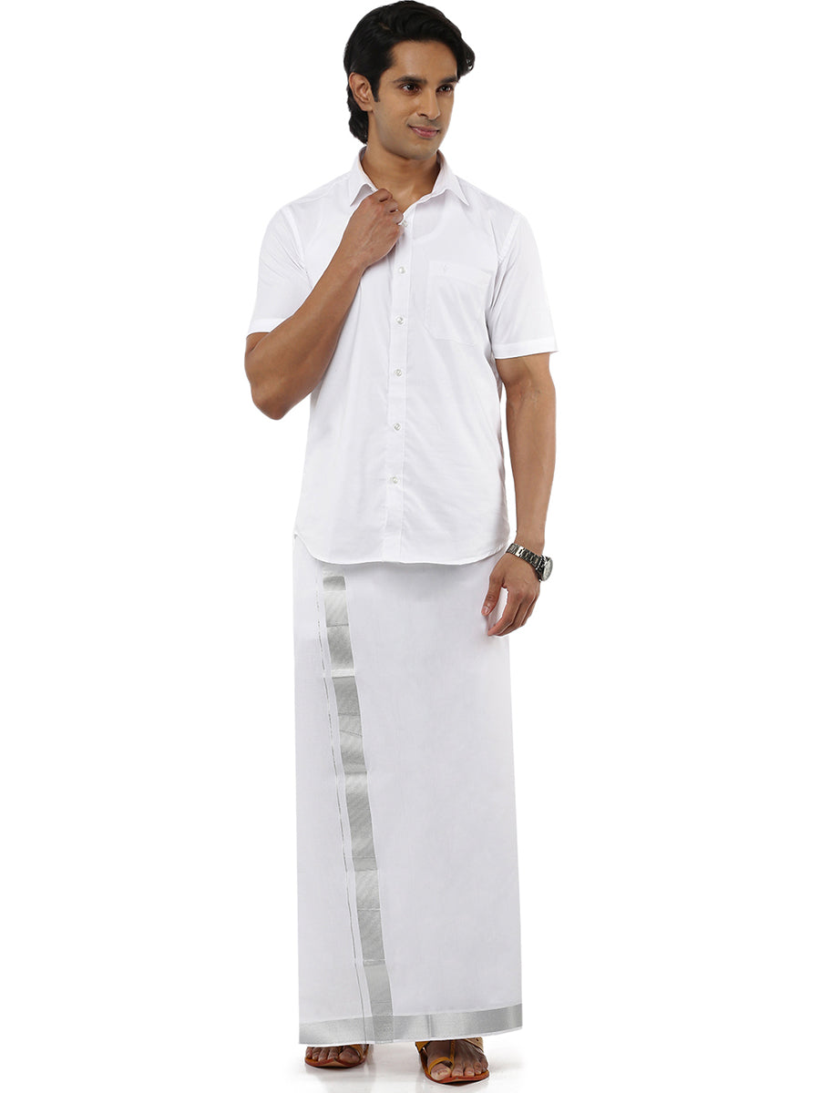 Mens Double Dhoti White with Silver Jari 1 1/2" Silver Bright-Front view