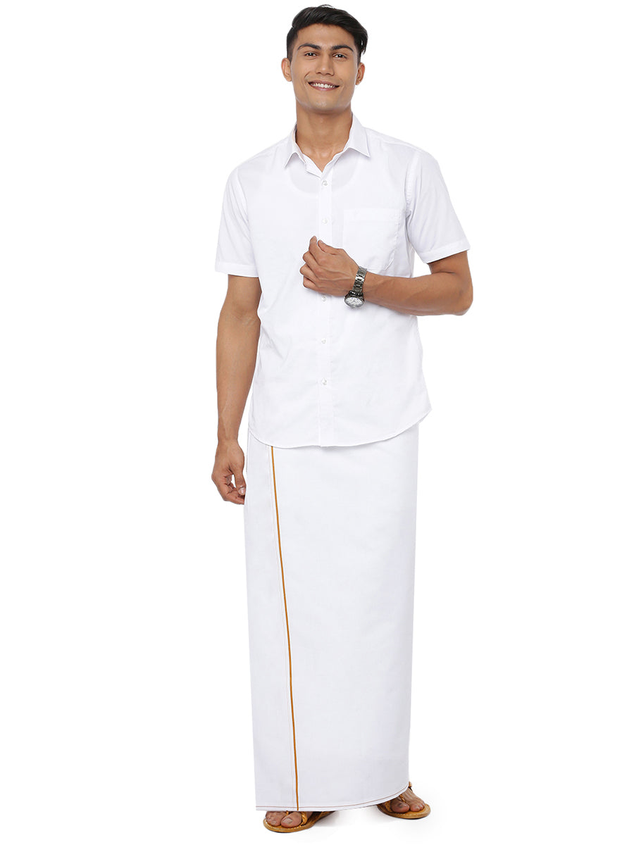 Mens Double Dhoti White with Small Border Gold Win Spl Mustard