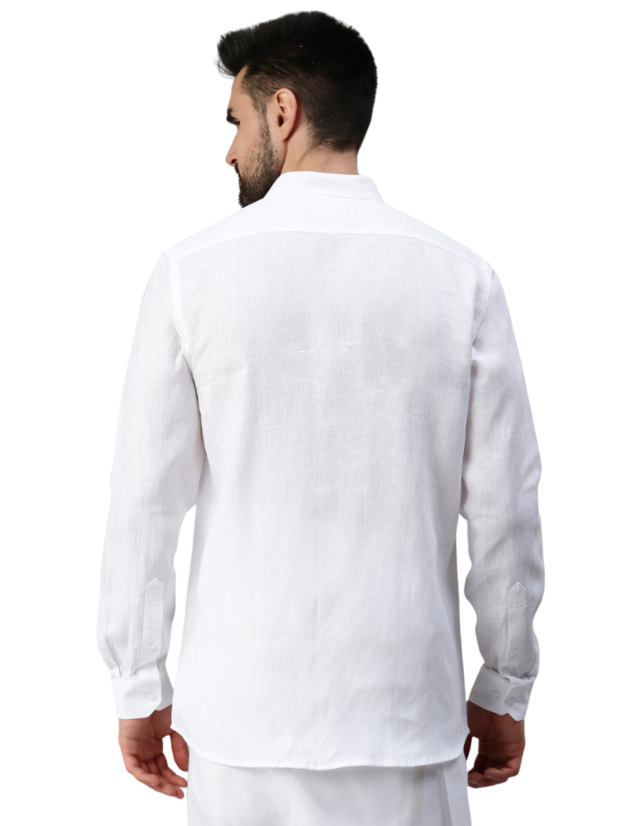 Mens 100% Linen Chinese Collar White Shirt Full Sleeves 5445-Back view