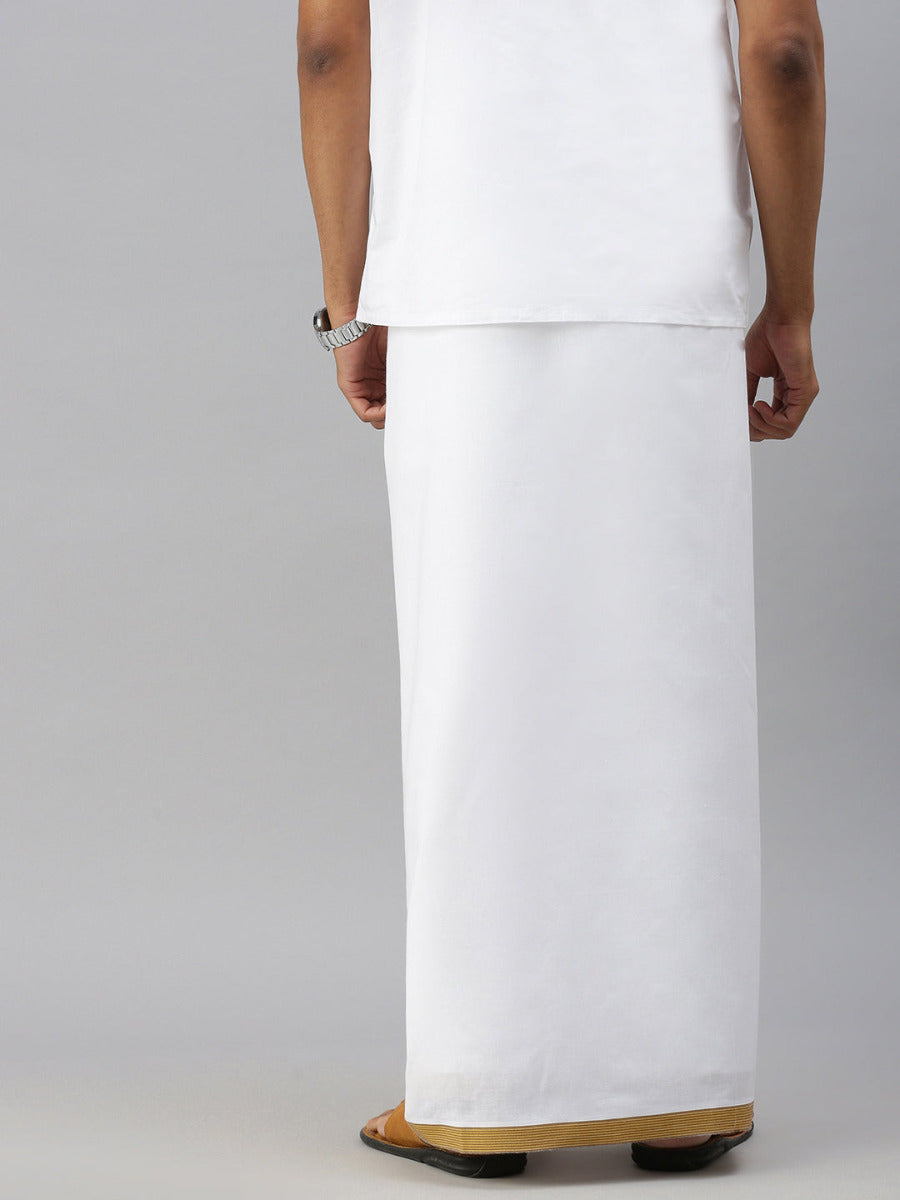 Mens Single Dhoti White with Braintrust Jari Fancy Brown-Back view