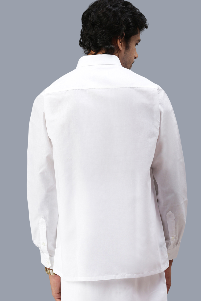 Mens Wrinkle Free White Full Sleeves Shirt with 1'' Gold Jari Double Dhoti Combo-Back view
