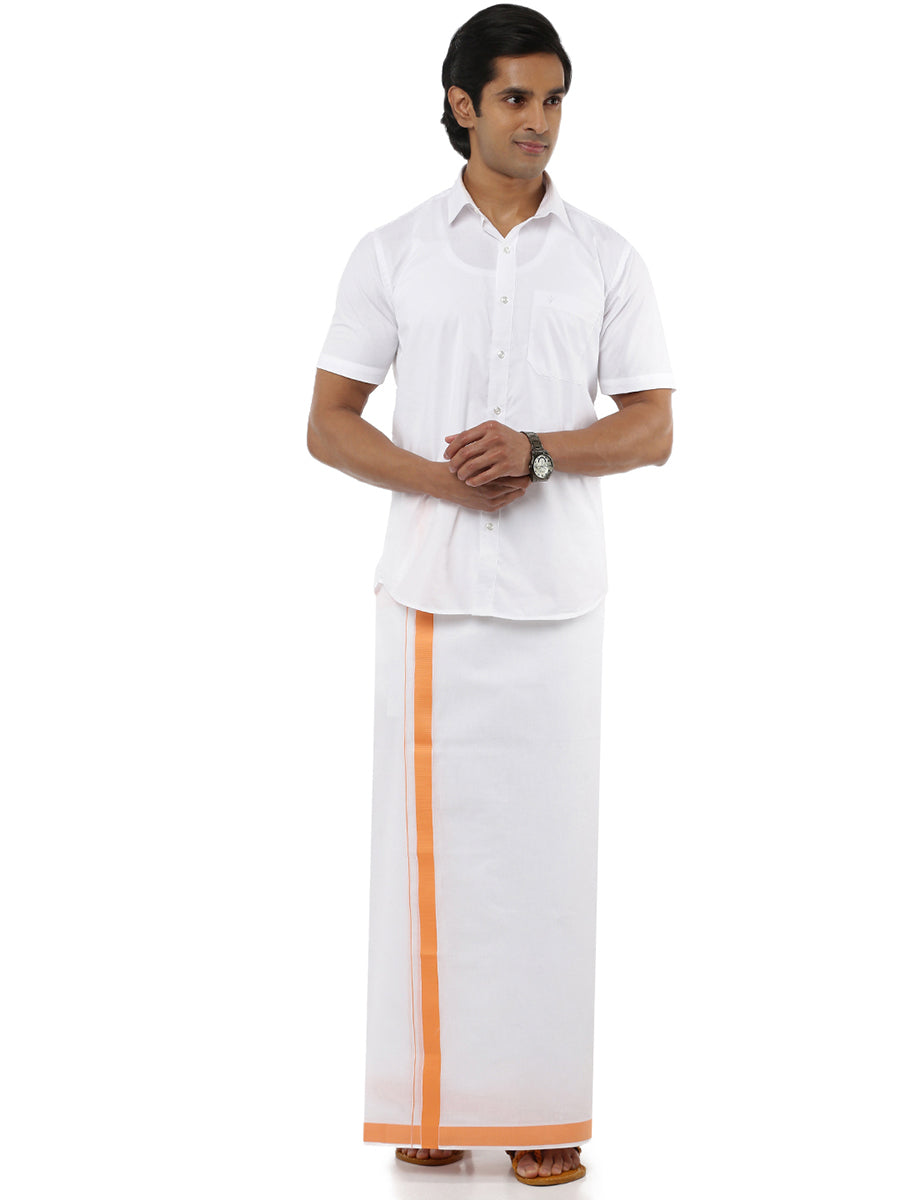 Mens Double Dhoti White with Fancy Border Anchor Special Orange-Full view