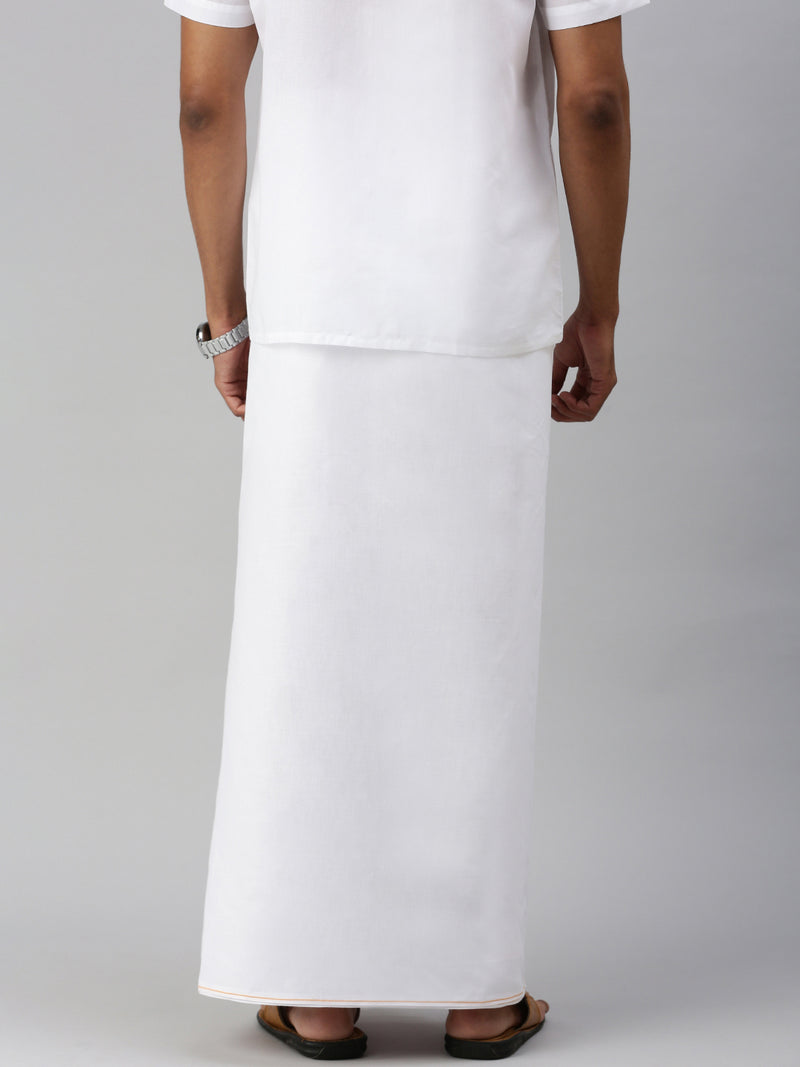 Mens Double Dhoti White with Small Border Treat Yellow