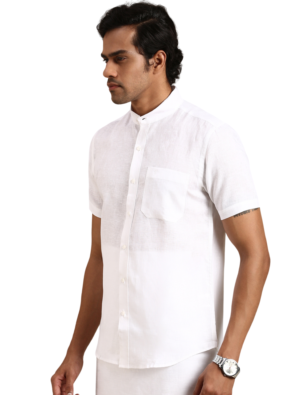 Mens 100% Linen Chinese Collar White Shirt Half Sleeves 5445-Side view