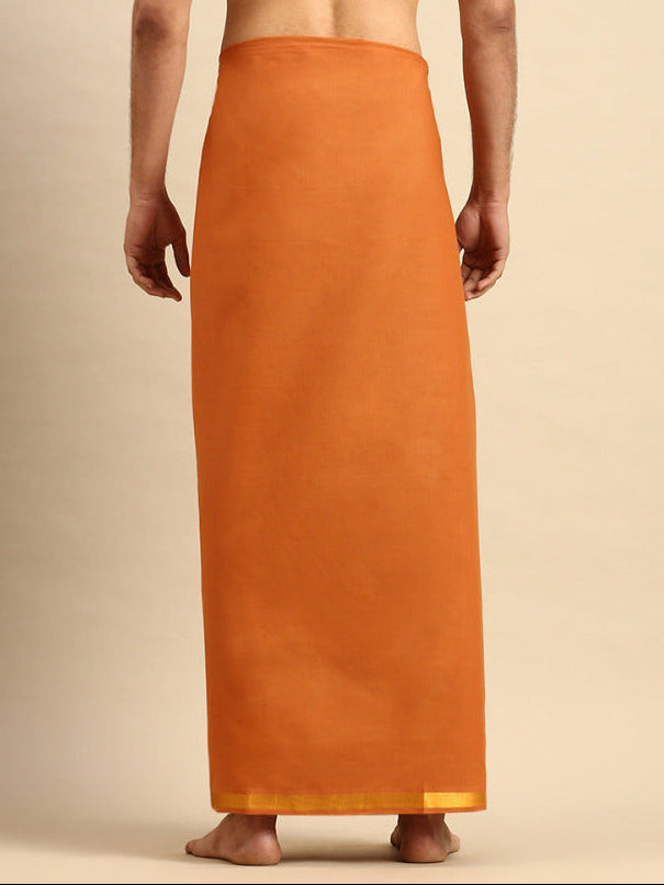 Mens Devotional Color Dhoti with 3/4" Gold Jari Border Cosmic Kavi-Back view