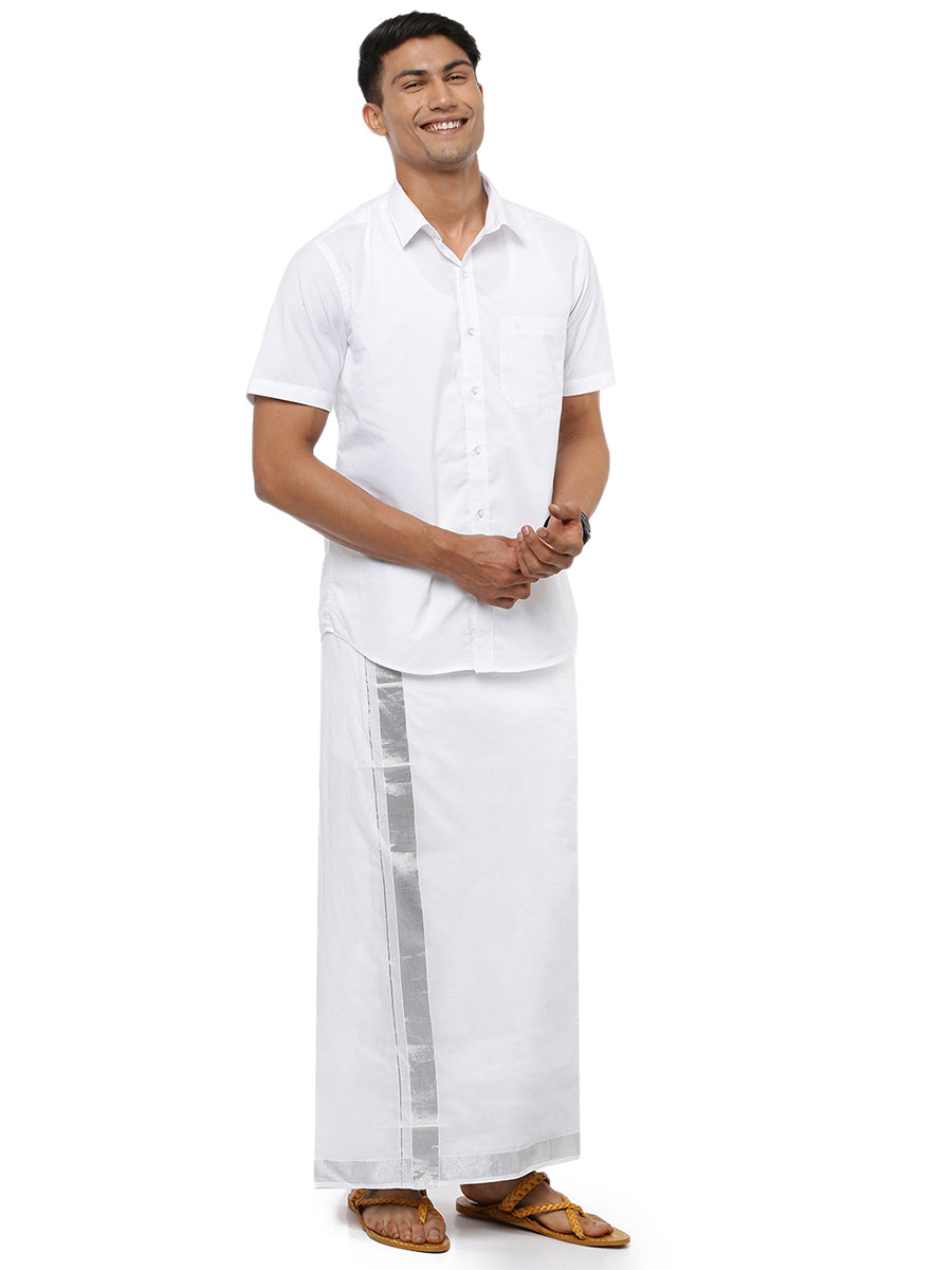 Mens Double Dhoti with Jari 1 1/2 Border Silver Earth-Front view