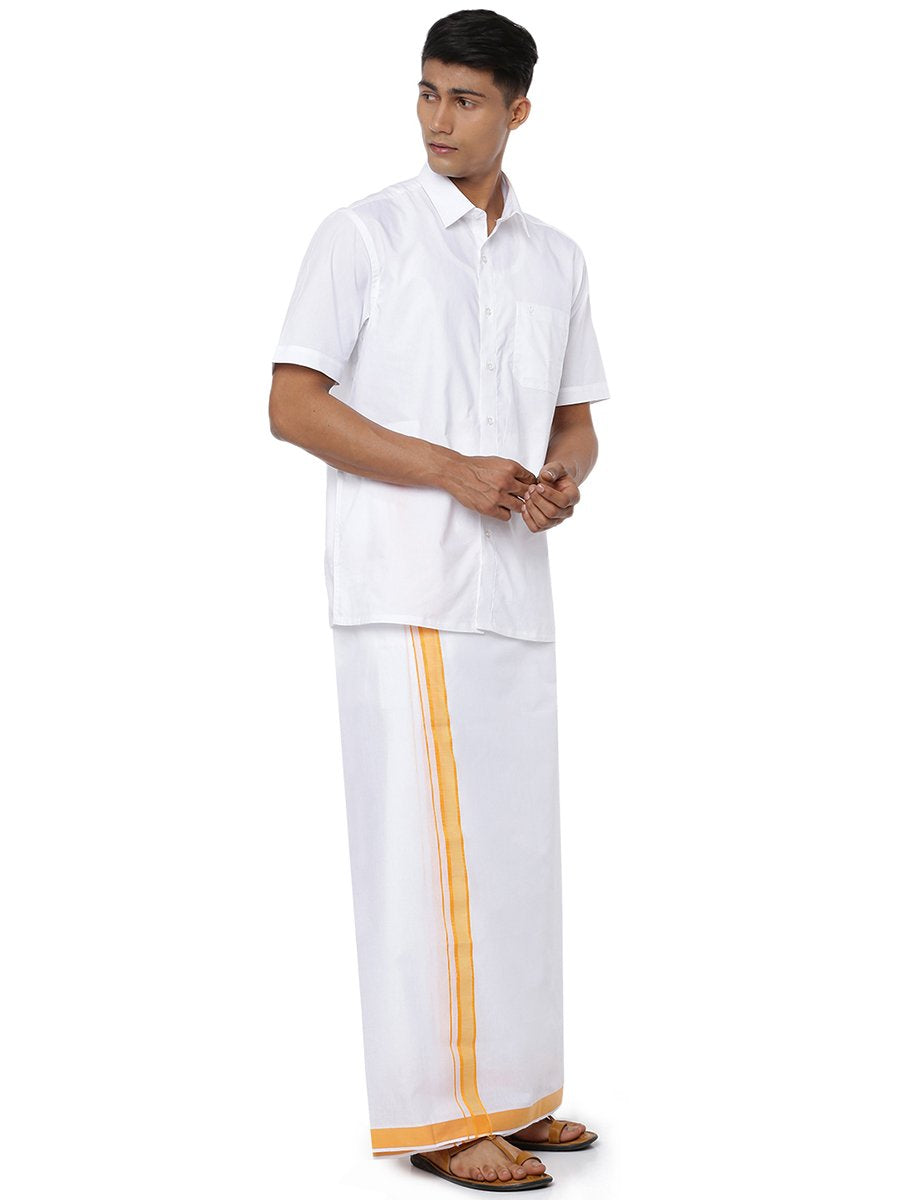 Mens Single Dhoti White with Fancy Border Holy Wind Yellow-Front view