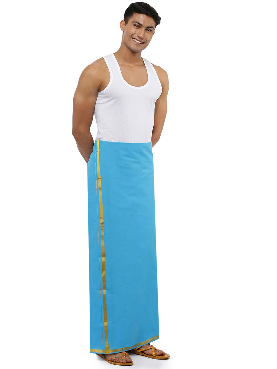 Mens Color Dhoti with Gold Jari Border T Blue Daisy 8-Front view