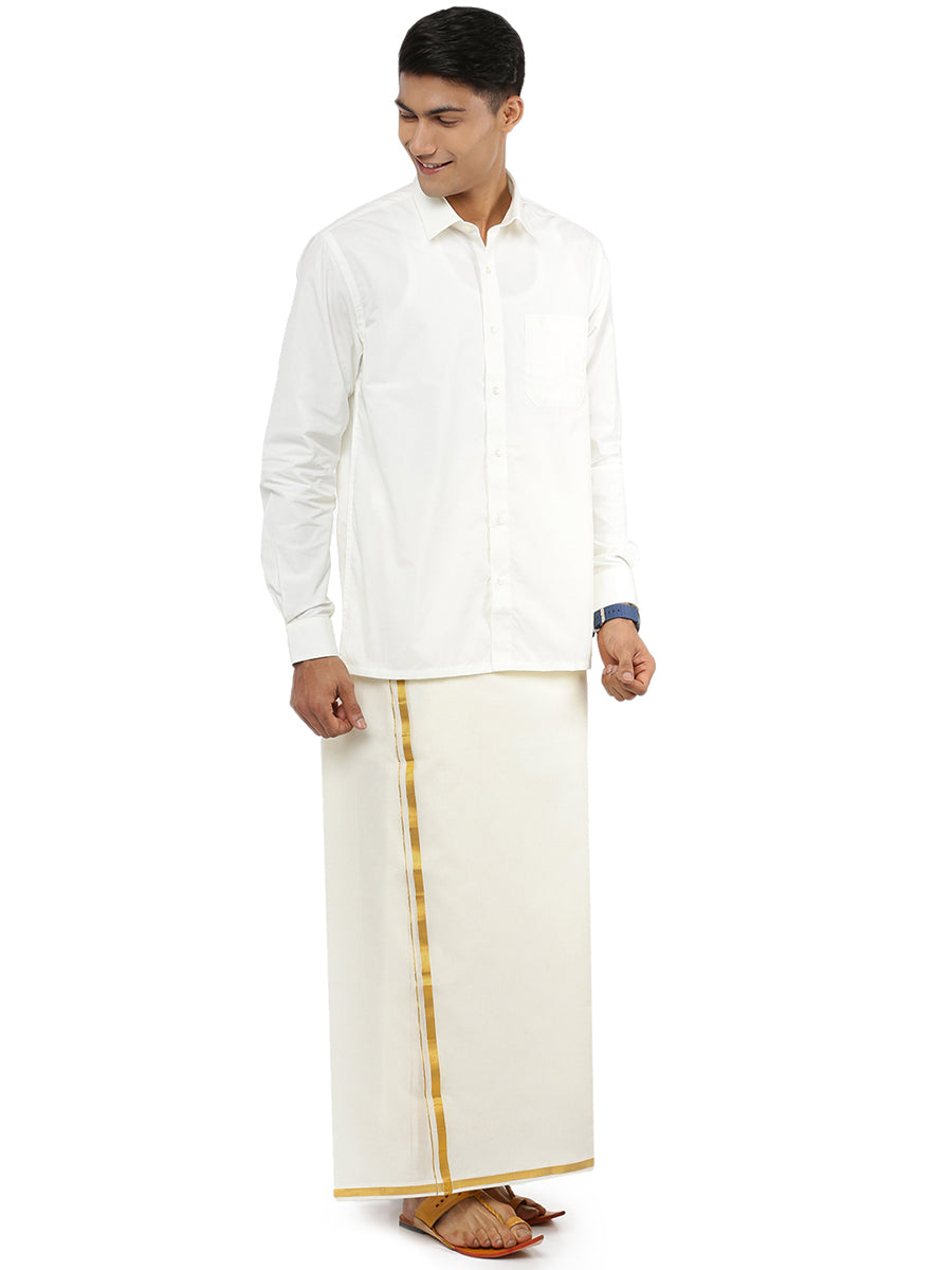 Mens Double Dhoti Cream with Gold Jari 1/2" Gold Twix-Side view