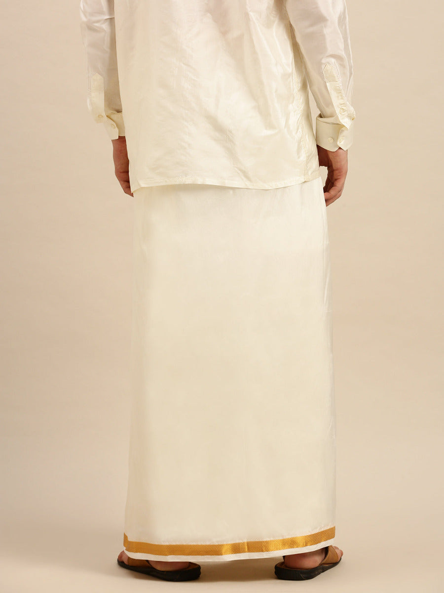 Mens Readymade Cream Art Silk Double Dhoti with Gold Jari-Back view