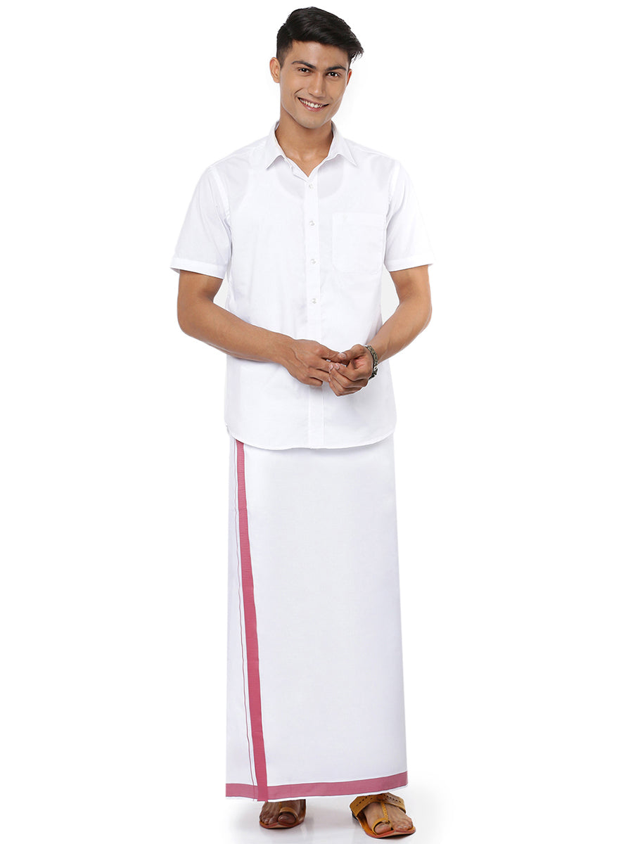 Mens Single Dhoti White with Fancy Border Pound  Onion-Front view