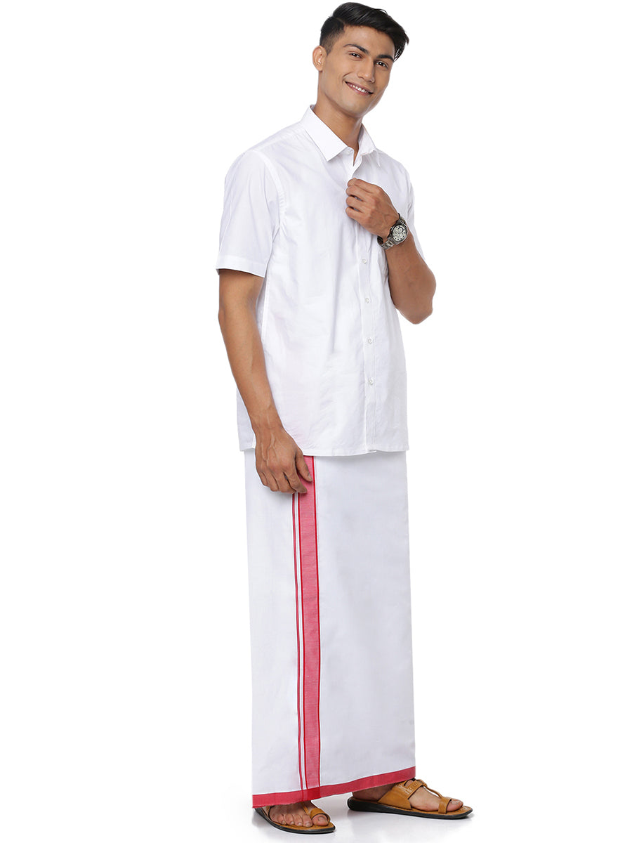 Mens Double Dhoti White with Fancy Border Anchor Plain Red-Side view
