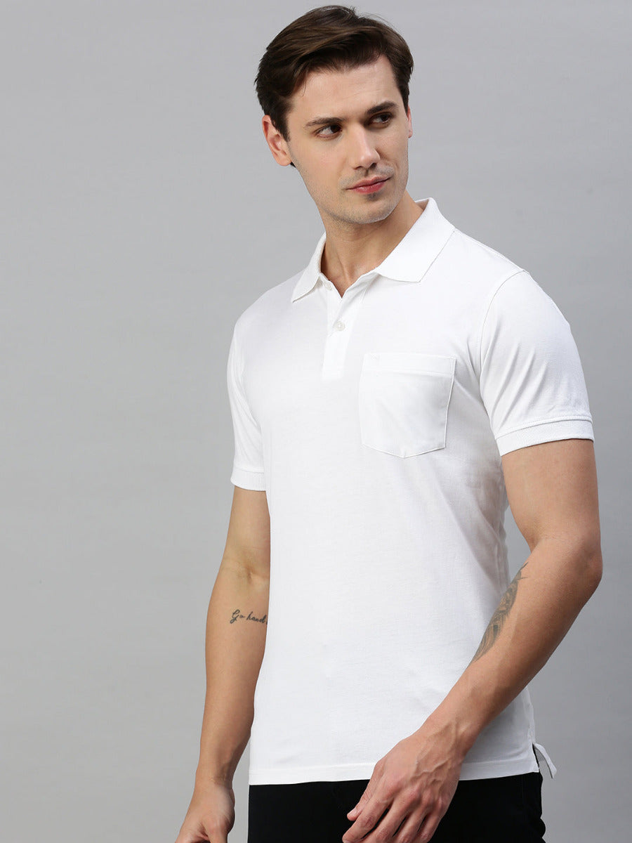 Mercerised Polo Flat Collar T-Shirt White with Chest Pocket MP2-Side view