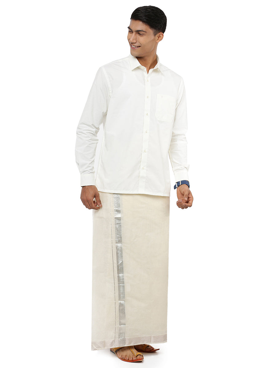 Mens Double Dhoti Cream with Silver Jari 1 1/2" Chaitra Silver-Full view