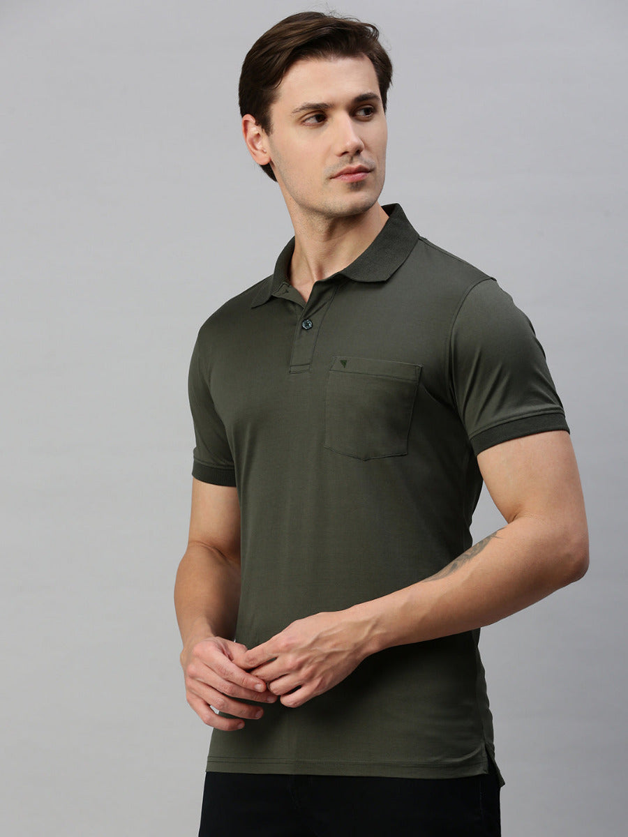 Mercerised Polo Flat Collar T-Shirt Dark Green with Chest Pocket MP3-Side view