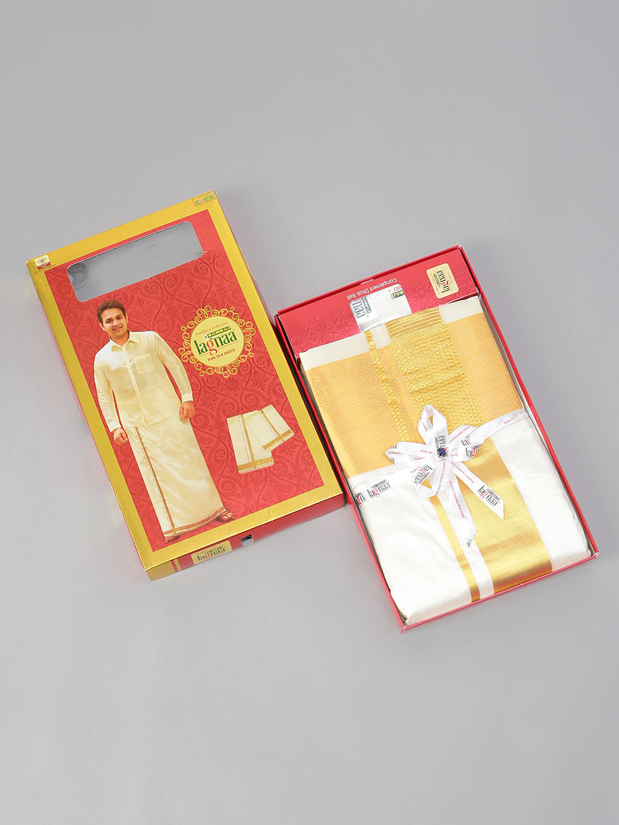Mens Pure Silk Cream Dhoti & Towel Set Thirukalyan 5"-Box view
