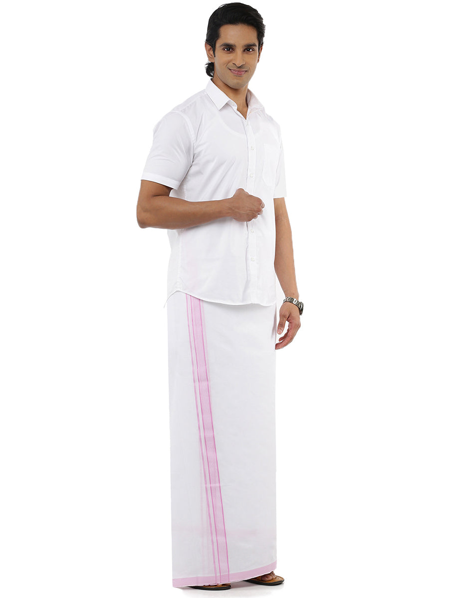 Mens Double Dhoti White with Fancy Border Prompt Light Pink-Side view