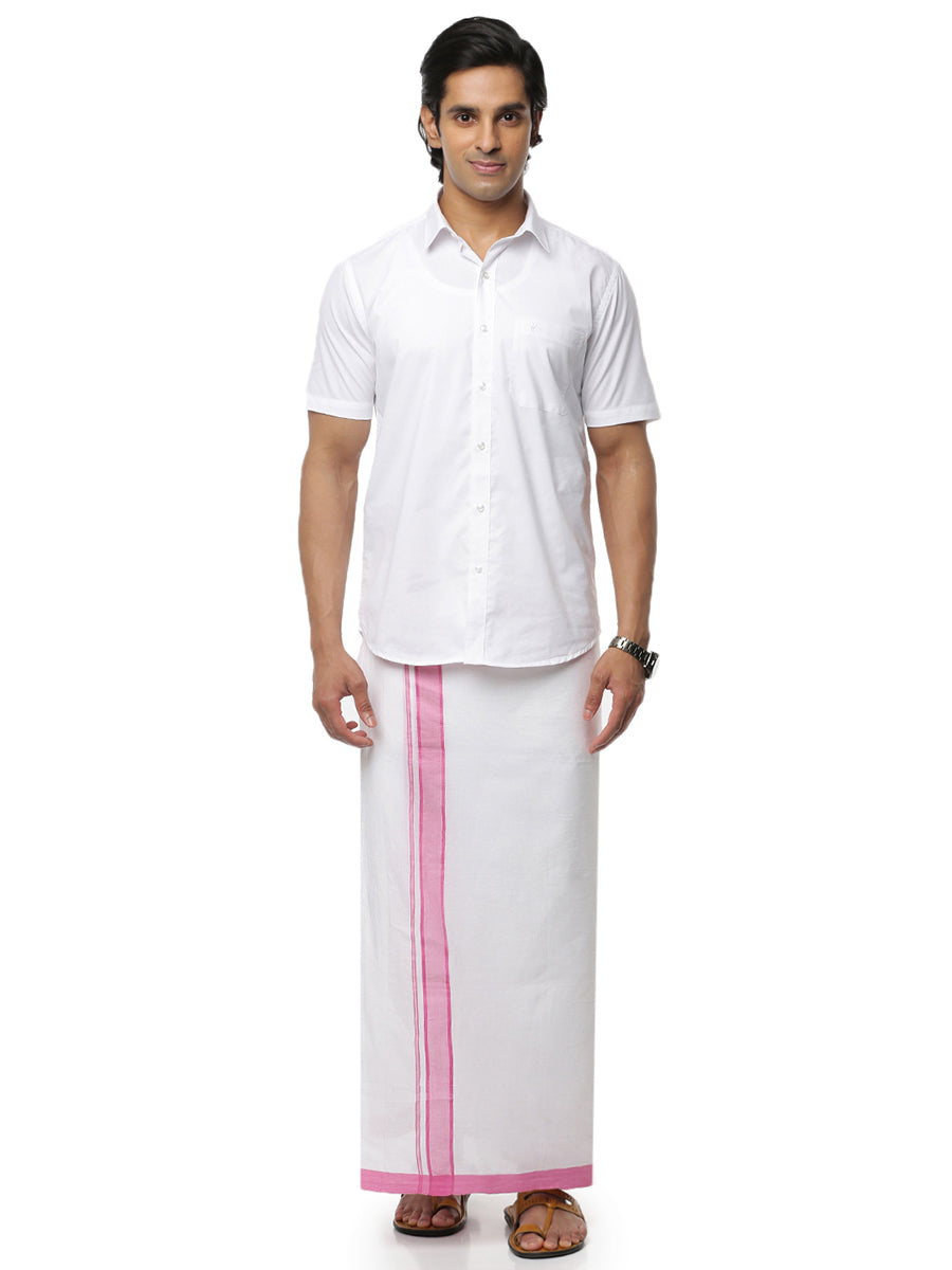 Mens Double Dhoti White with Fancy Border Rivan Light Pink-Full view