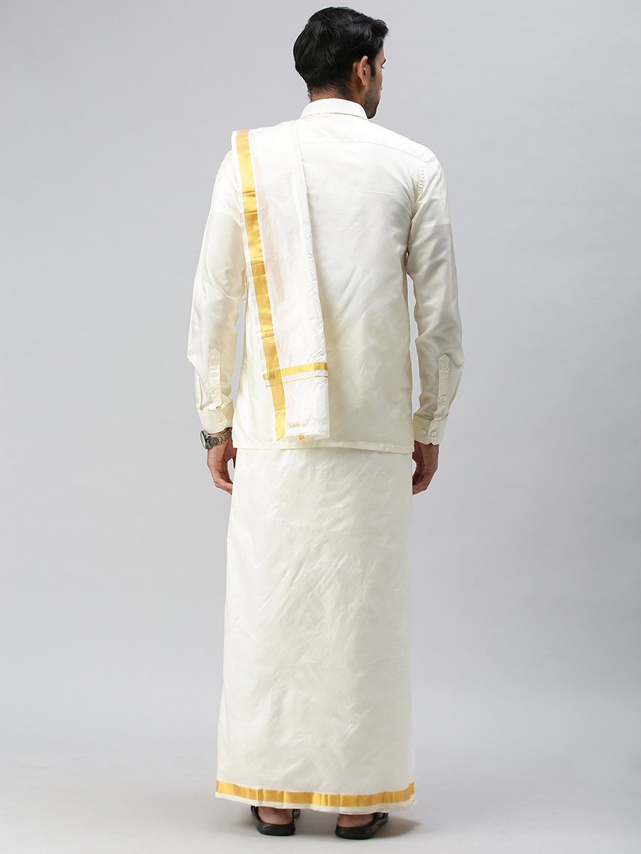 Mens Pure Silk Cream Wedding Set 1" Dhoti+Towel+Shirt Bit Rajahamsa-Back view