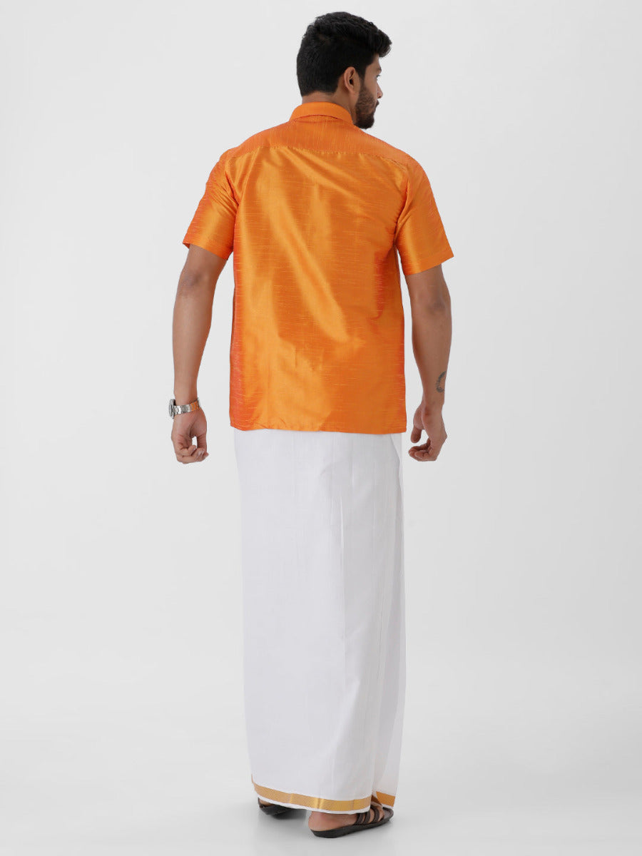 Silk Look Fancy Colour Half Sleeves Orange Shirt & Jari Dhoti Combo-Back view