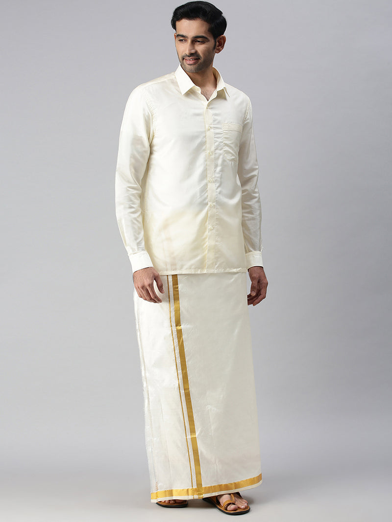 Mens Pure Silk Cream 3/4" Dhoti & Shirt Bit Purna Mithra