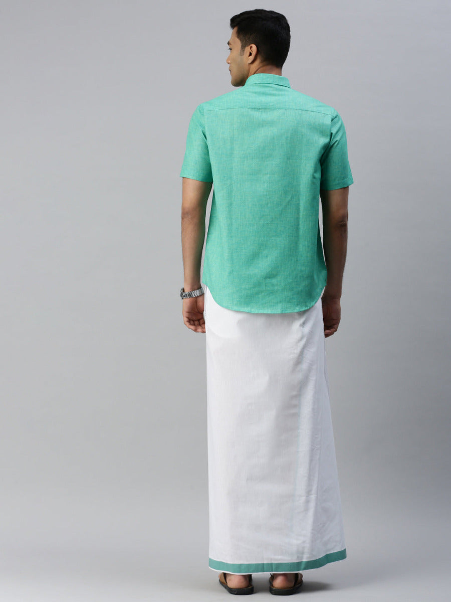 Mens Matching Border Adjustable Dhoti & Half Sleeves Shirt Set Green CC7-Back view