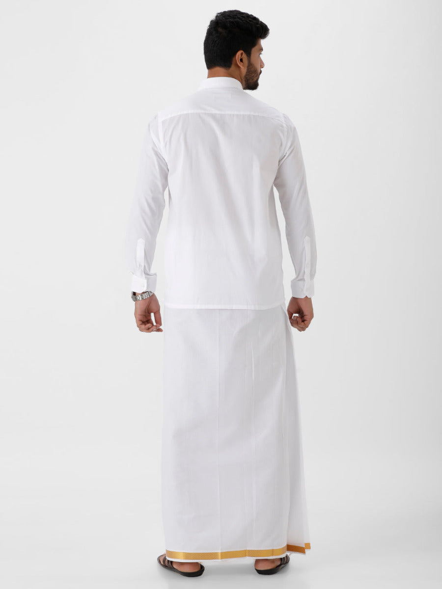 Mens Cotton White Full Sleeves Shirt with Jari 1" Dhoti Combo-Back view