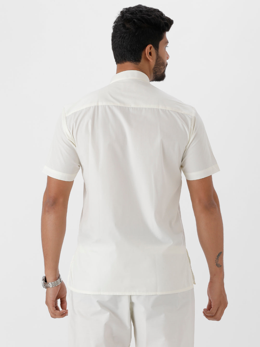 Mens Cream Colour Half Sleeve Short Length Kurta-Back view