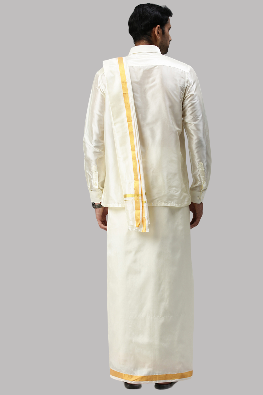 Mens Cream Art Silk Full Sleeves Shirt, Double Dhoti with Towel Combo