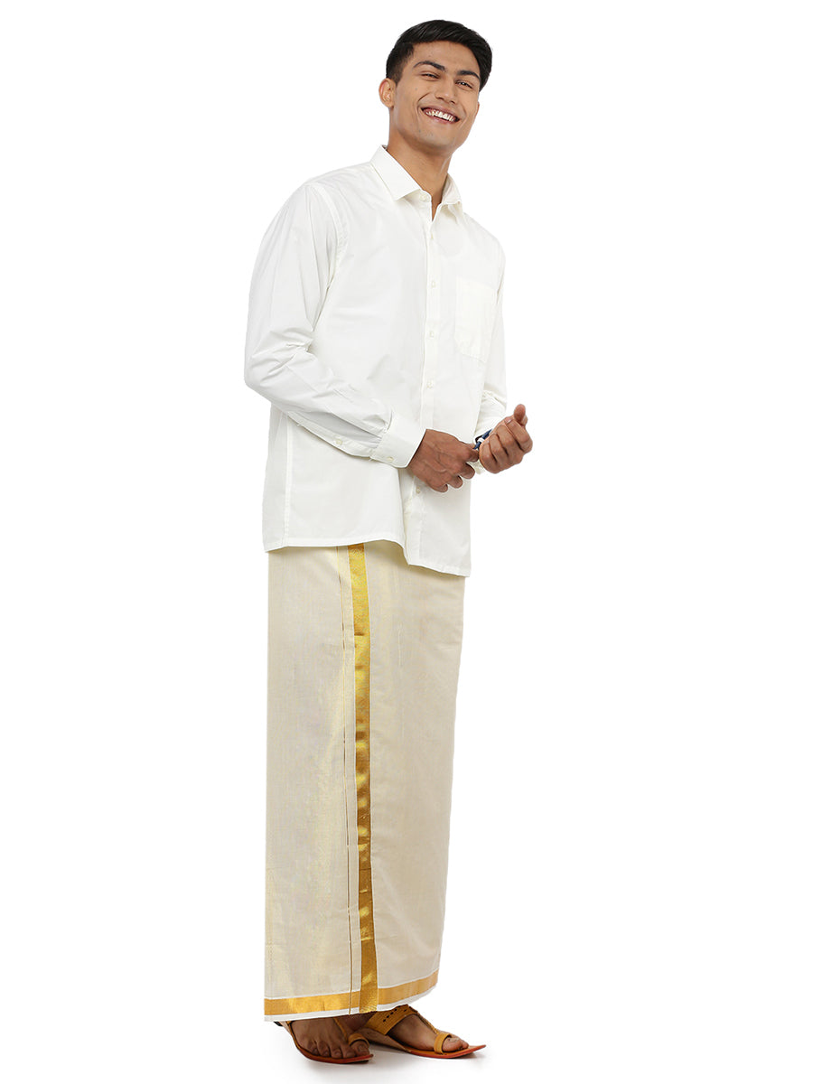 Mens Double Dhoti Cream with Gold Jari Border Gold Mineral-side view