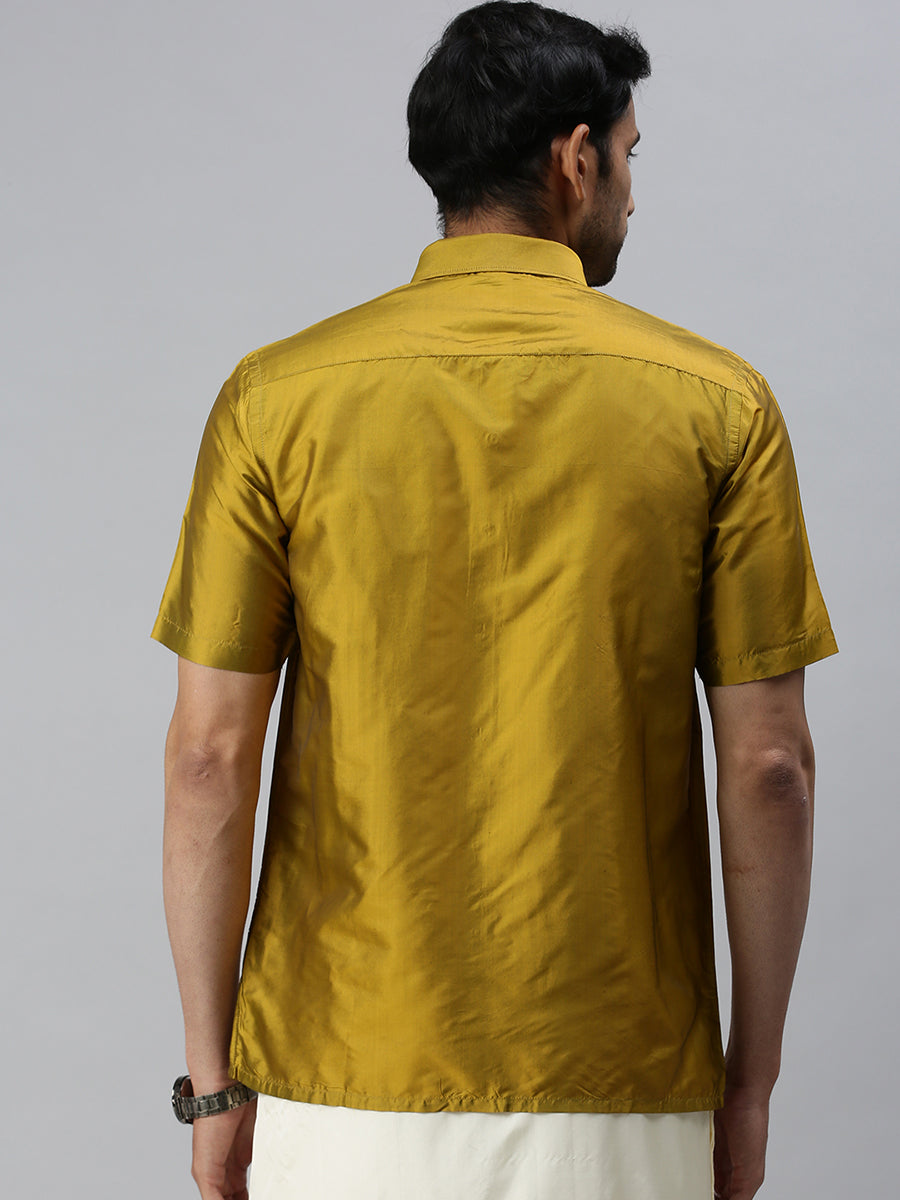 Mens Silk Olive Green Half Sleeves Shirt-Back view