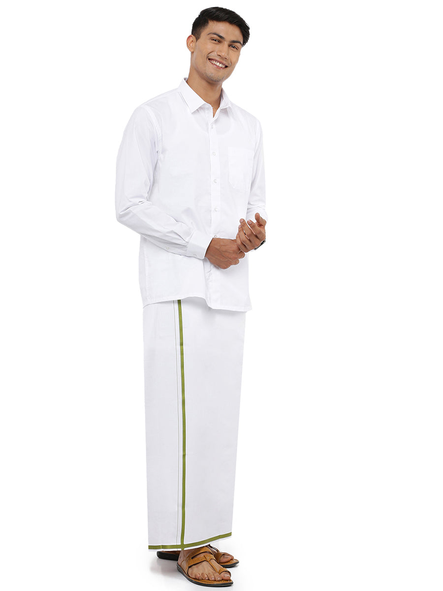 Mens Single Dhoti White with Big Border Tune Light Green-Front view