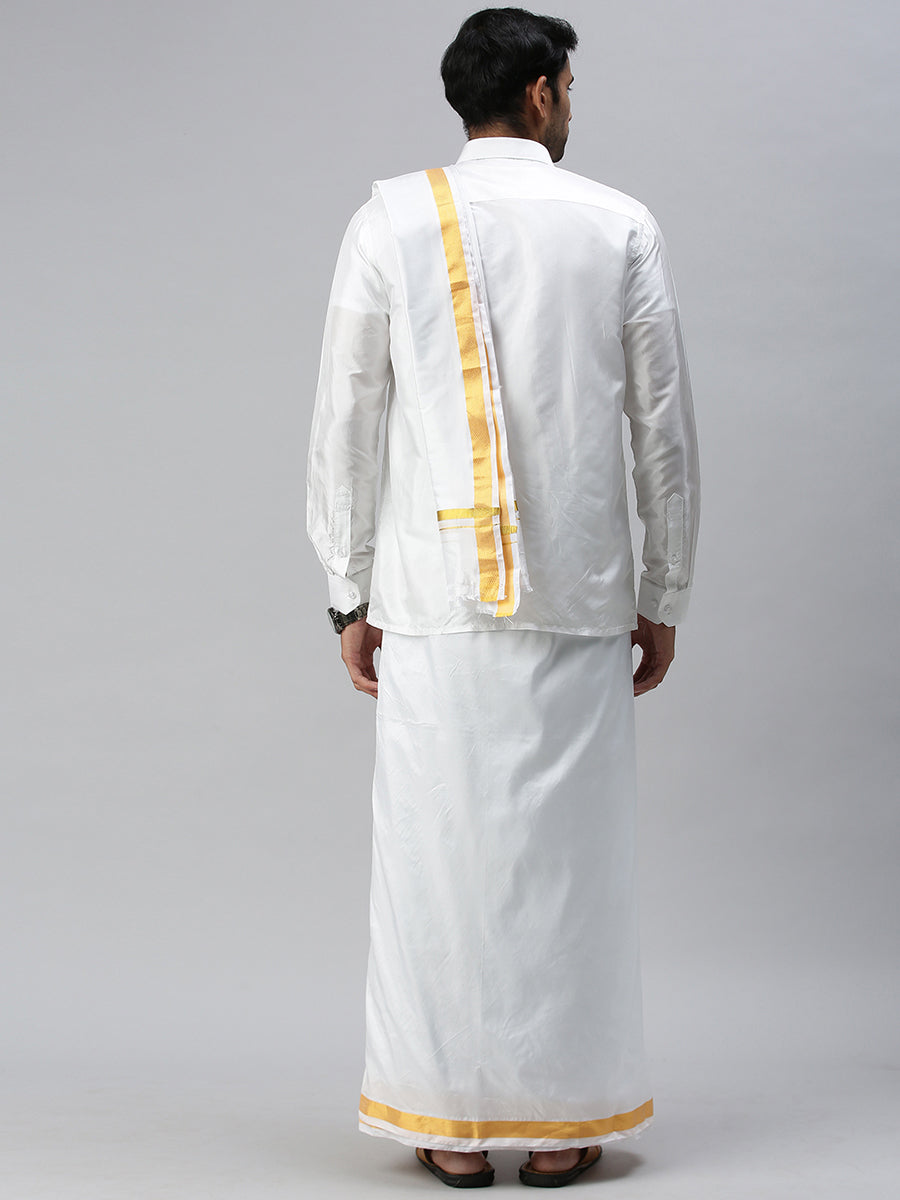 Mens Silk White Wedding Set 1" Dhoti+Towel+Shirt Subha Vaibhavaa-Back view