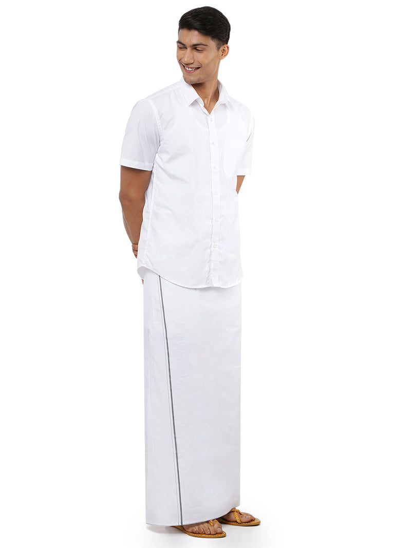 Mens Double Dhoti White with Small Border Treat Grey