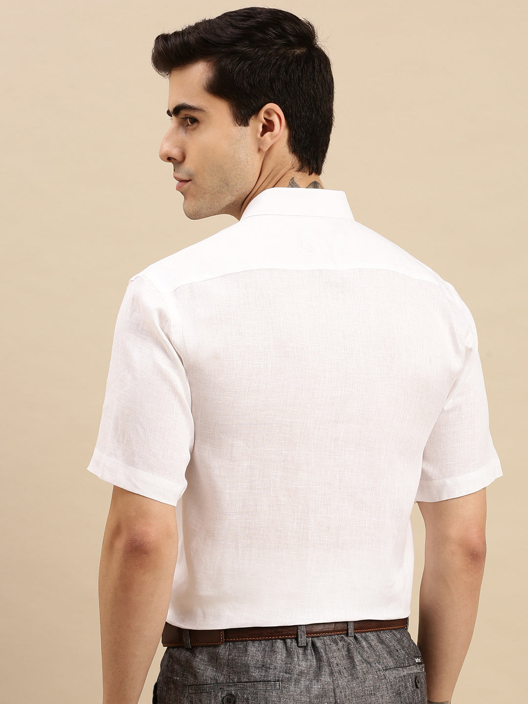 Mens Smart Fit 100% Cotton White Shirt Half Sleeves White Trend -Back view