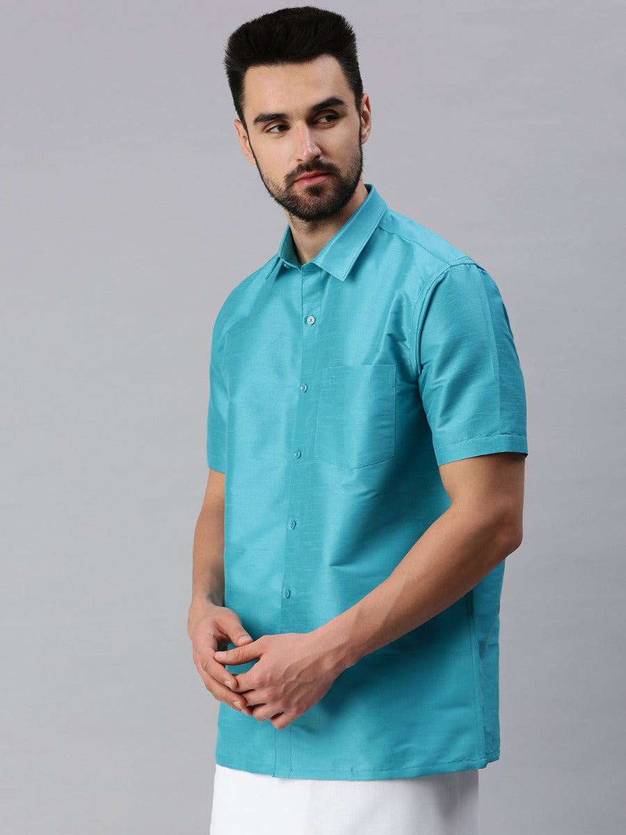 Silk Look Fancy Half Sleeves Blue Shirt with Jari Dhoti Combo SP29-Side view