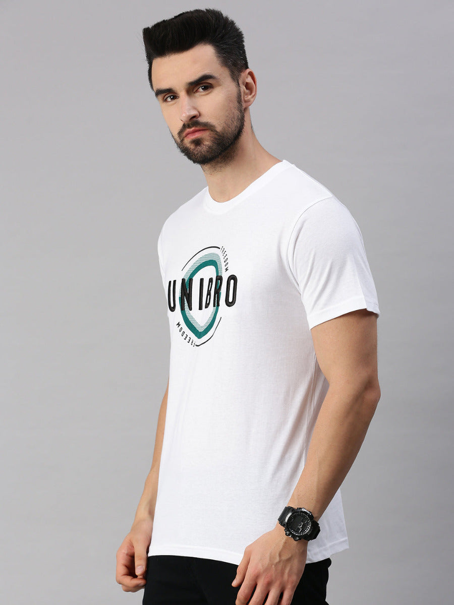 White Graphic Print Cotton Blended Round Neck Casual T-Shirt GT28