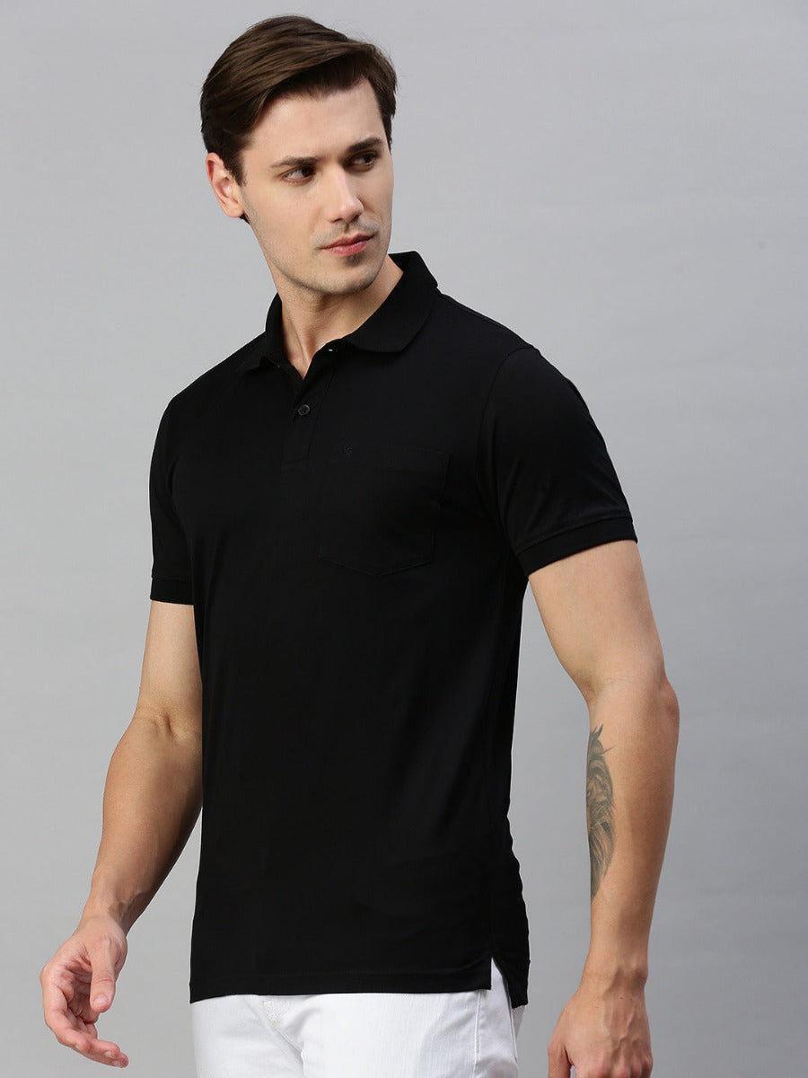 Mercerised Polo Flat Collar T-Shirt Black with Chest Pocket MP1-Side view