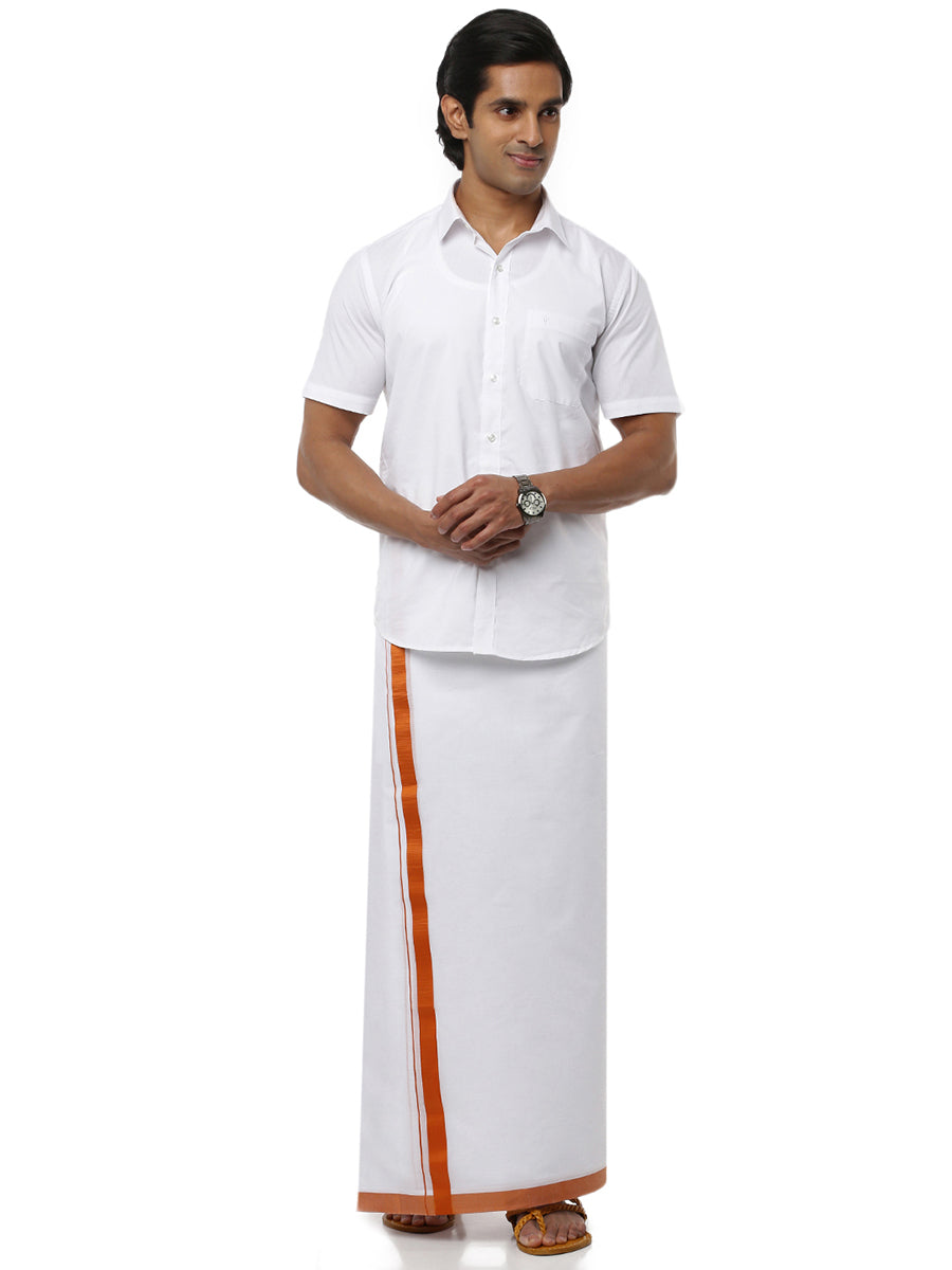 Mens Double Dhoti White with Fancy Border Anchor Special Dark Orange-Front view