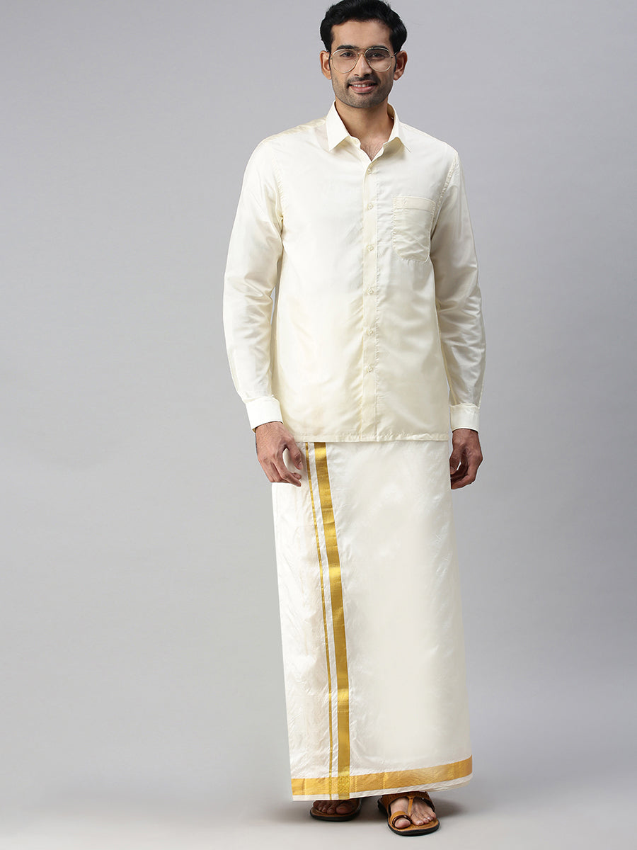 Mens Pure Silk Cream Double Dhoti with 1 1/2" Gold Jari Border Upasana-Full view