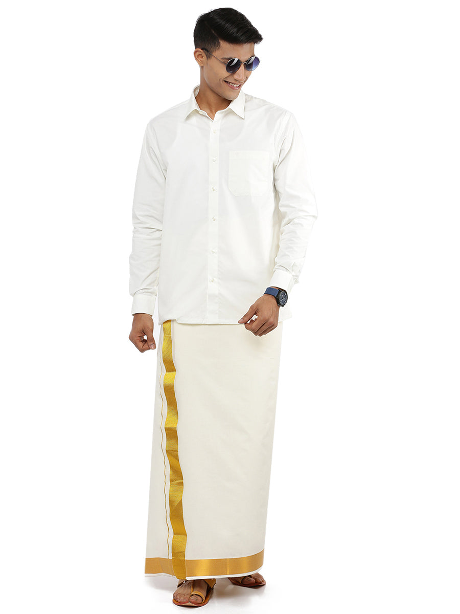Mens Double Dhoti Cream with Gold Jari 2" Gold Fine Pet 2-Front view