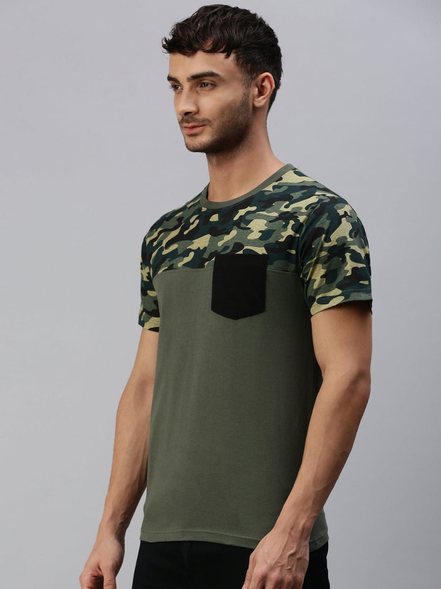 Graphic Printed Round Neck Casual T-Shirt With Pocket Green GT32-Side view