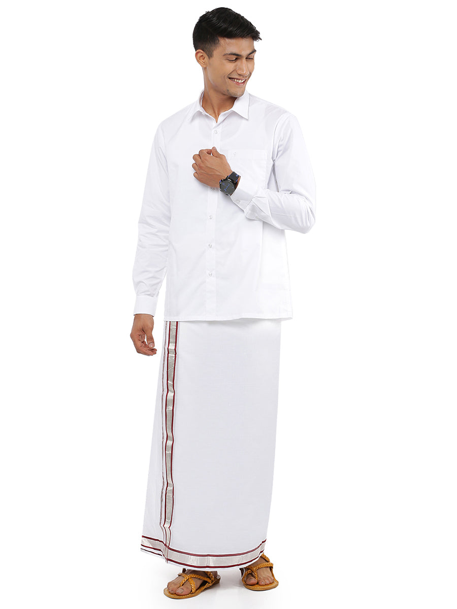 Mens Double Dhoti White with Fancy Border Cotton 5051 Red Silver