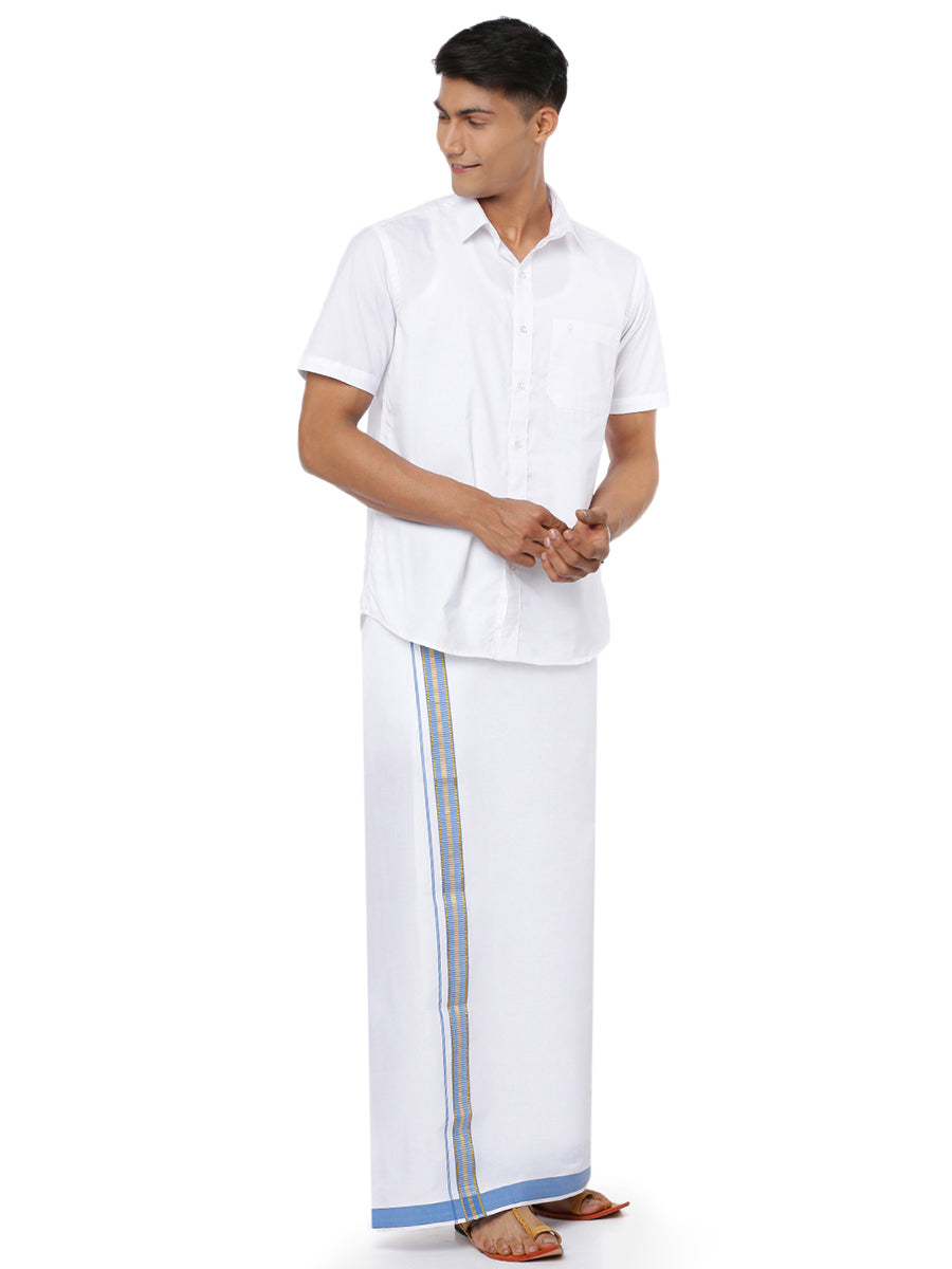 Mens Single Dhoti White Pound Jari Fancy Royal Blue-Full view