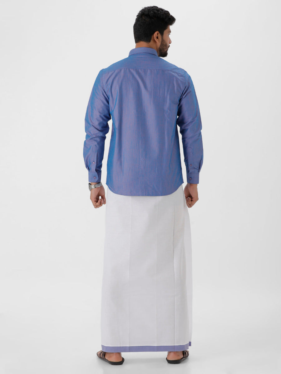 Mens Matching Jari Border Dhoti & Shirt Set Full Blue VB5-Back view