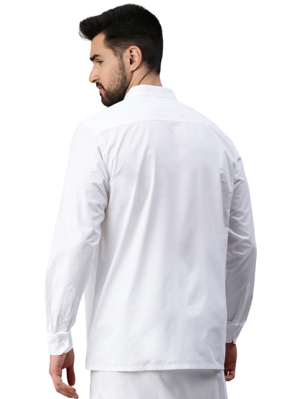 Mens 100% Cotton White Shirt Full Sleeves Chinese Collar-Back view