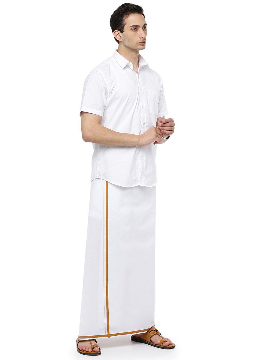Mens Single Dhoti White with Big Border Real Man Mustard-Side view