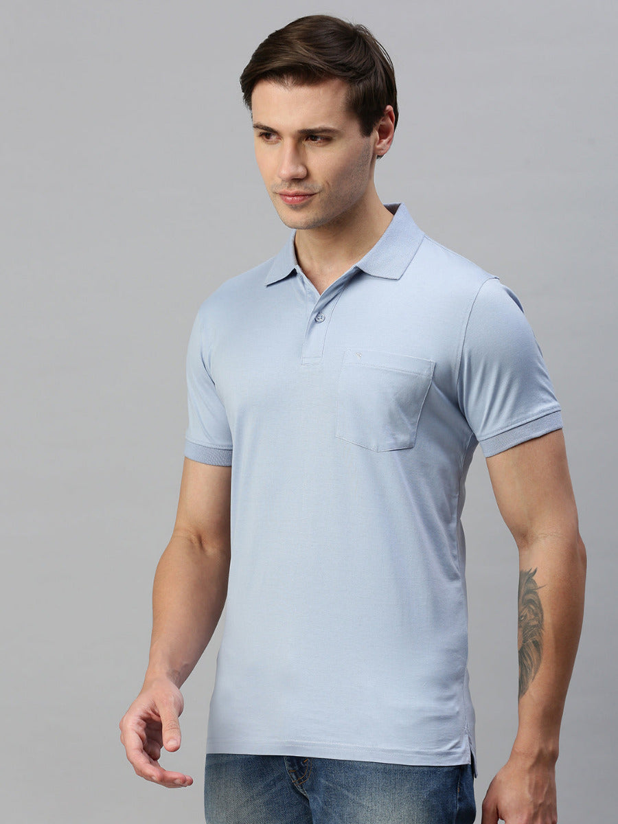 Mercerised Polo Flat Collar T-Shirt Blue with Chest Pocket MP6-Side view
