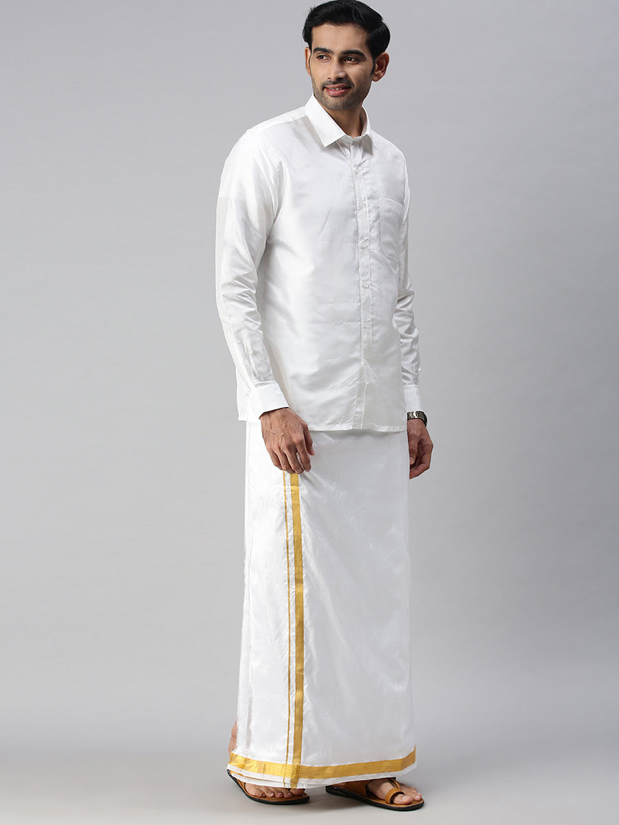 Mens Pure Silk White Double Dhoti with 3/4" Gold Jari Upasana-Full view